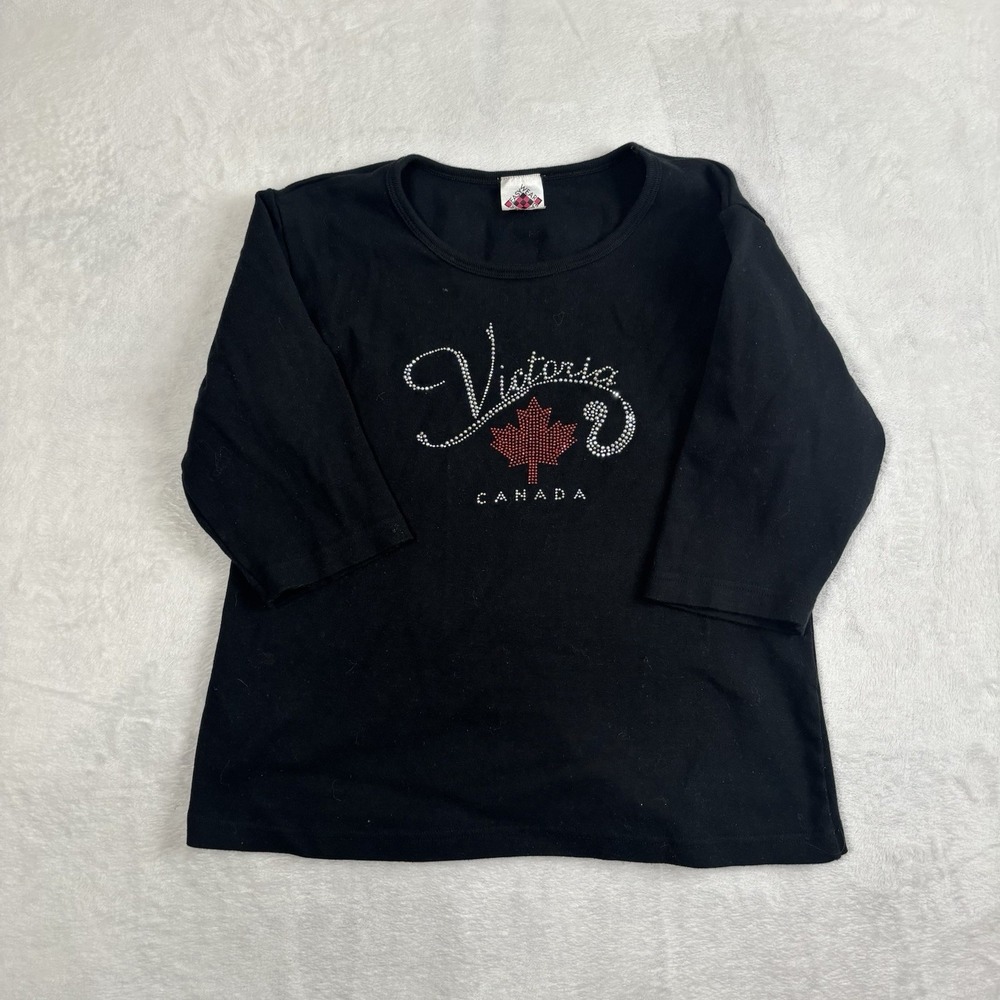 Y2K Easy Wear Victoria Canada Black Long Sleeve Bedazzled Shirt Women's Medium